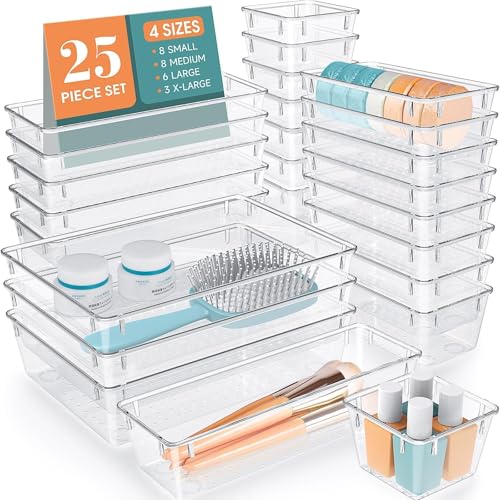 Minimalist WOWBOX 25 PCS Clear Plastic Drawer Organizer Set, 4 Set